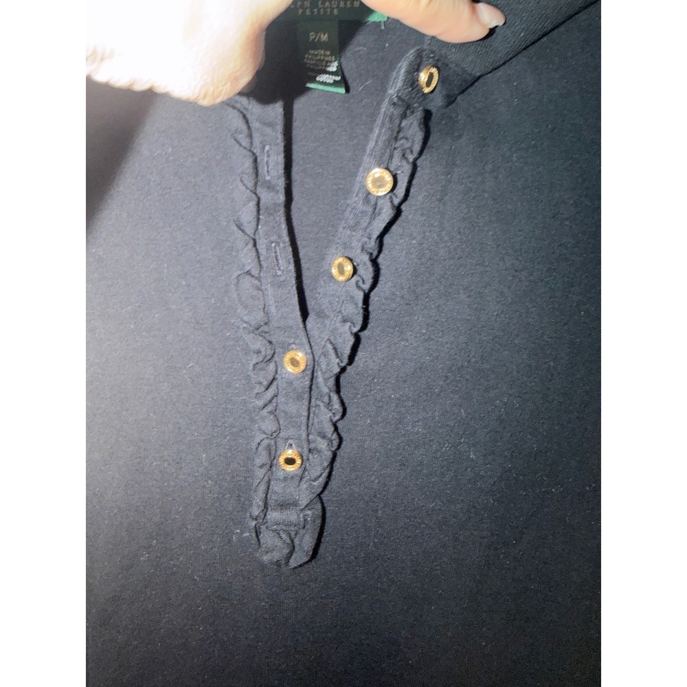 Lauren Ralph Lauren Petite Black Cotton Ruffle Polo Shirt Gold Buttons PM - Picture 3 of 4
